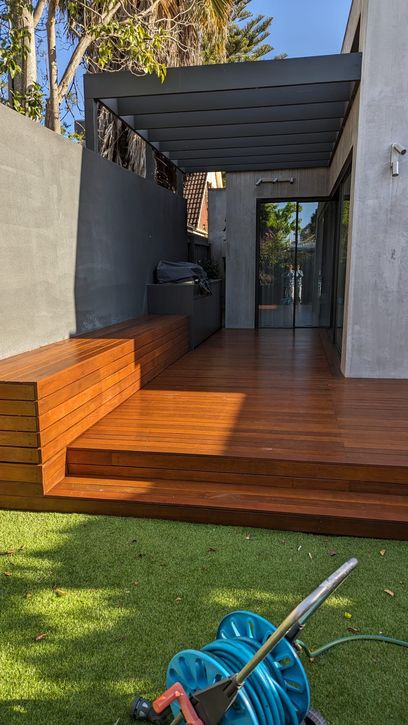 Finished restored and polished timber deck vertical view